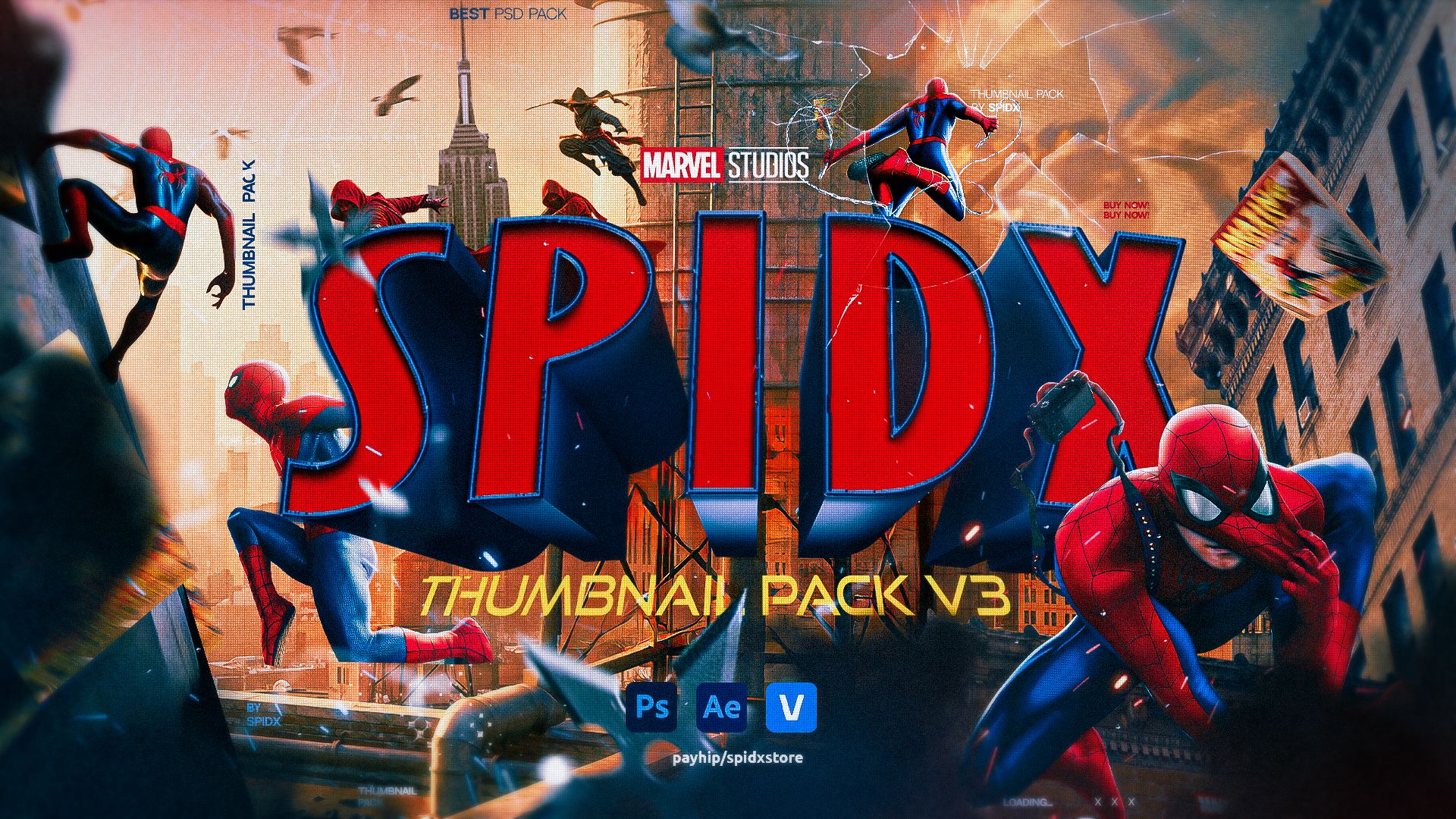 Spidx Thumbnail Pack V3 key art with Spider-Man figures over a New York rooftop