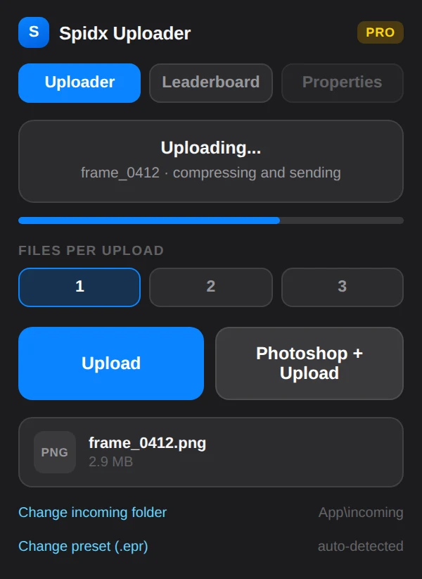 Spidx Uploader panel with the Pro badge